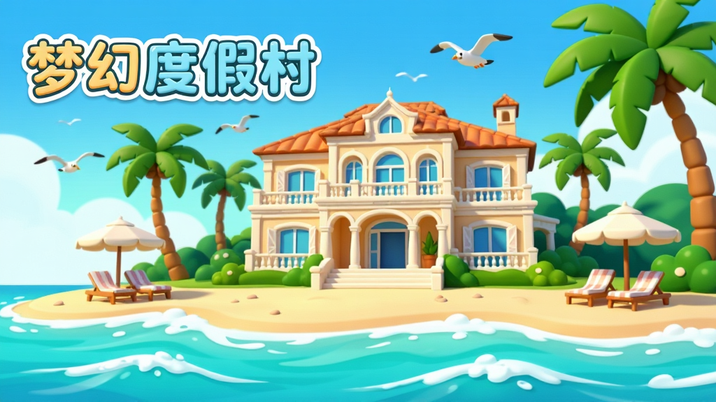 一幅明亮清新的海岛度假村全景插画,画面中央是一座精致的欧式度假别墅,周围环绕着椰子树和沙滩椅,前景是碧蓝的海水和白色浪花,天空中有几只海鸥飞过,画面左上角用圆润可爱的字体写着梦幻度假村,整体采用卡通渲染风格,色彩饱和度高,构图层次分明,细节丰富,画质高清,干净清爽无多余元素