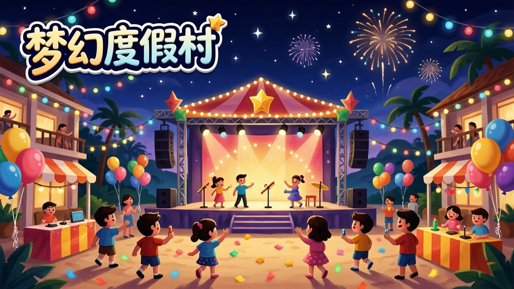 一幅度假村节日活动主题插画,画面中度假村被彩灯和气球装饰得五彩缤纷,中央有一个大型活动舞台,周围有玩家角色在参与活动,背景是夜晚的星空和烟花,画面左上角用艺术字写着梦幻度假村,整体氛围欢乐热闹,色彩鲜艳,构图饱满,画质高清,干净无杂乱元素