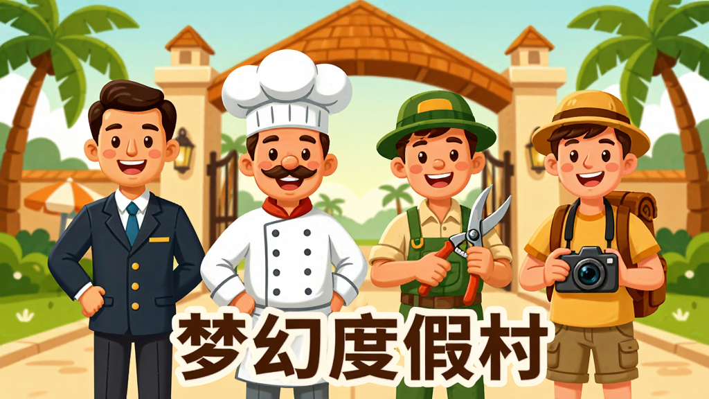 一幅卡通风格的度假村角色群像插画,画面中有四位不同职业的角色站在度假村入口处,分别是穿着制服的经理、戴厨师帽的厨师、拿着园艺剪的园丁和背着相机的游客,背景是度假村大门和棕榈树,每个人物表情生动活泼,整体色调温暖明亮,画面下方写着梦幻度假村,构图居中,画质高清,干净整洁无多余元素