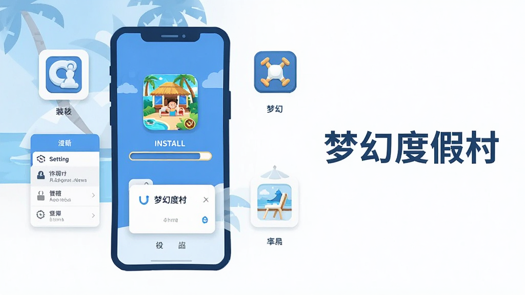 一幅手机屏幕展示梦幻度假村游戏安装界面的示意图,画面中手机屏幕显示正在安装的进度条和游戏图标,周围有设置菜单和权限弹窗的简化图标,整体采用扁平化插画风格,色调以蓝色和白色为主,画面右侧标注梦幻度假村,构图简洁明了,画质清晰,干净无多余元素