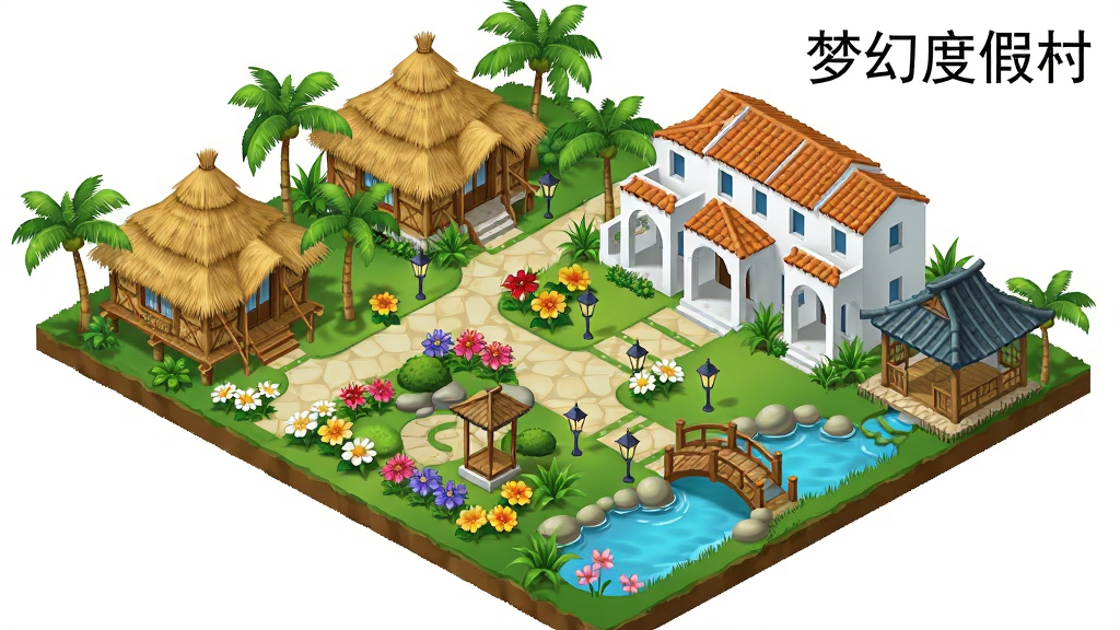一幅俯视角度的度假村装饰布局展示图,画面中分布着不同风格的建筑和装饰物,包括热带风情的茅草屋、地中海风格的白色别墅、日式庭院的小桥流水,还有各种花卉和路灯点缀其间,整体布局错落有致,色彩丰富和谐,画面右上角标注梦幻度假村,采用等距视角,画质清晰,干净利落无多余元素
