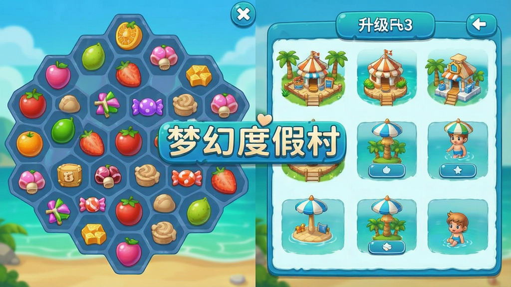 一幅三消游戏关卡界面与度假村建设界面拼接的展示图,左侧是六边形棋盘格上排列着各种水果和糖果图标,右侧是度假村建筑升级面板,画面风格统一为清新卡通风,色调以蓝绿为主,画面中央写着梦幻度假村,布局左右对称,信息层次清晰,画质精细,干净无杂乱元素