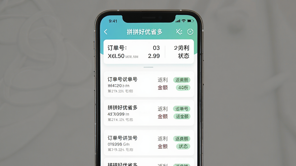 一张展示拼拼好优省多返利追踪界面的手机截图,画面中央是手机屏幕,屏幕内显示返利记录列表,每条记录包含订单号、返利金额和状态标签,顶部有汇总数据,背景为白色,风格清爽,细节清晰,画质干净,无多余元素,图片中文字为“拼拼好优省多”