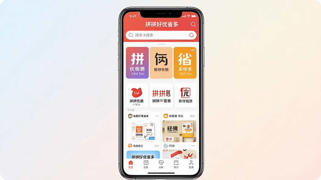 一张展示拼拼好优省多软件主界面的手机截图,画面中央是手机屏幕,屏幕内显示拼拼好优省多的首页布局,顶部有搜索框,中部是各大电商平台的优惠入口图标,底部是导航栏,背景为浅色渐变,风格简洁现代,细节清晰,画质干净,无多余元素,图片中文字为“拼拼好优省多”