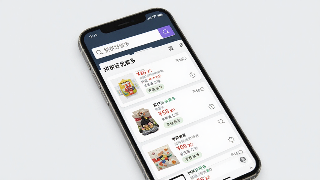 一张展示拼拼好优省多搜索比价功能的界面图,画面主体是手机屏幕,屏幕内显示搜索框和搜索结果列表,每个结果包含商品图片、价格和平台来源,背景为浅灰色,风格简约,细节清晰,画质干净,无多余元素,图片中文字为“拼拼好优省多”