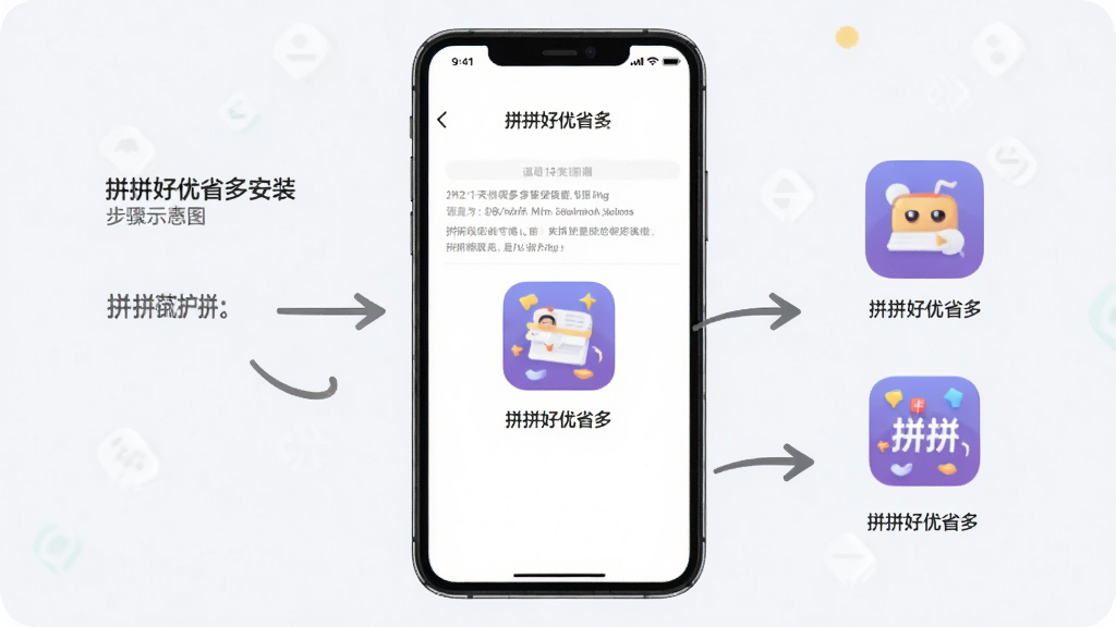 一张展示拼拼好优省多安装步骤的示意图,画面主体是手机屏幕,屏幕内显示安装权限设置界面和软件图标,旁边有箭头指示操作流程,背景为浅色,风格简洁,细节清晰,画质干净,无多余元素,图片中文字为“拼拼好优省多”
