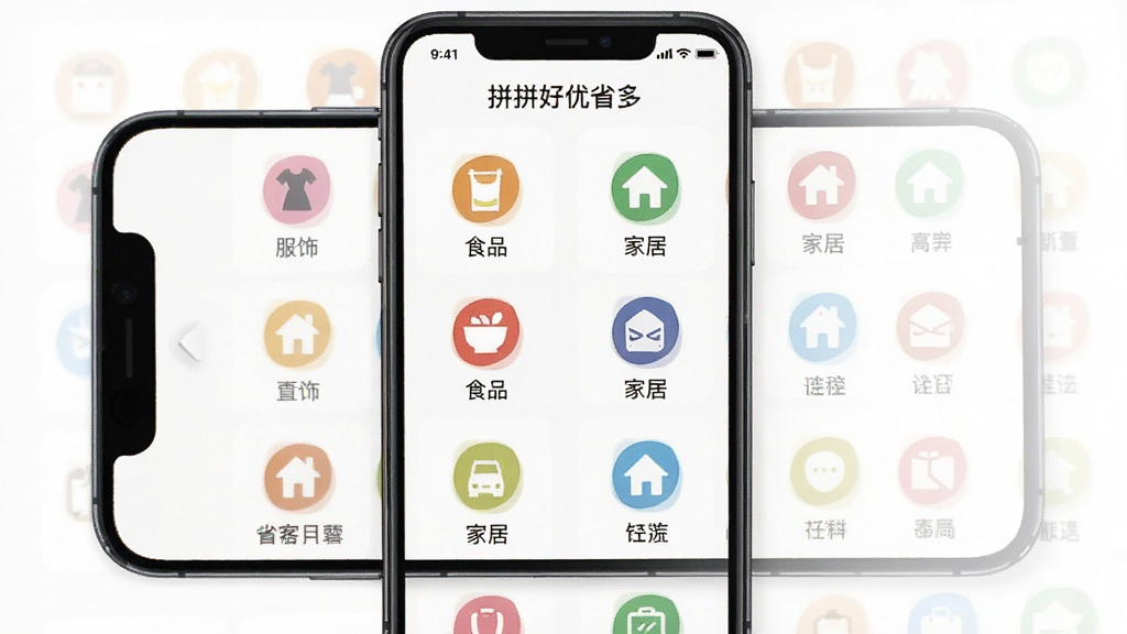 一张展示拼拼好优省多分类导航界面的手机截图,画面中央是手机屏幕,屏幕内显示网格状分类图标,每个图标下方有文字标签,如“服饰”“食品”“家居”等,背景为白色,风格清新,细节清晰,画质干净,无多余元素,图片中文字为“拼拼好优省多”