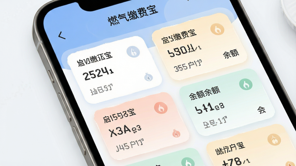 燃气缴费宝多账户管理功能展示,手机屏幕呈现多个燃气账户卡片式排列,每个卡片显示不同户号与余额信息,界面采用卡片式设计,配色柔和,布局清晰,风格现代简约,细节丰富,画质清晰,干净无多余元素,屏幕中文字显示“燃气缴费宝”
