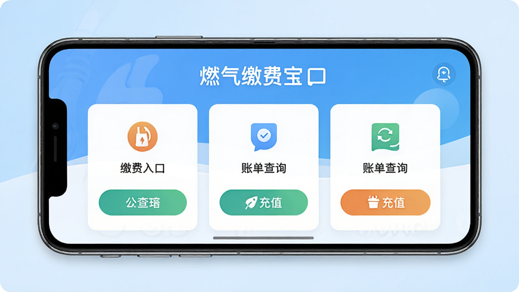 燃气缴费宝手机应用主界面展示,画面中央是一部智能手机,屏幕显示燃气缴费宝应用的首页,包含缴费入口、账单查询、充值按钮等功能模块图标,整体布局清晰规整,背景为淡蓝色渐变,风格简洁现代,细节丰富,画质清晰,干净无多余元素,屏幕中文字清晰显示“燃气缴费宝”