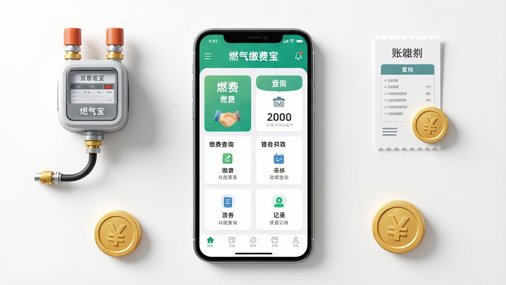 燃气缴费宝一站式缴费服务功能展示图,画面中一部手机放置在桌面中央,屏幕展示燃气缴费宝应用内缴费、查询、记录等多个功能模块整齐排列,周围环绕着燃气表、账单、金币等小图标元素,布局对称美观,风格清新明亮,细节精致,画质高清,干净无多余元素,屏幕中文字标注“燃气缴费宝”
