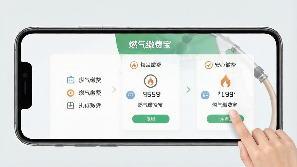 燃气缴费宝新手使用教程示意图,画面中一部手机屏幕展示燃气缴费宝应用的操作步骤页面,旁边有手指点击屏幕的示意动作,背景为淡灰色,风格简洁明快,布局清晰,细节丰富,画质清晰,干净无多余元素,屏幕中文字显示“燃气缴费宝”