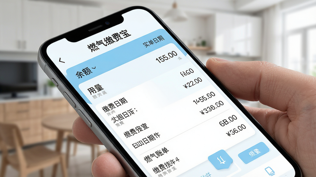 燃气缴费宝实时账单查询界面展示,手机屏幕显示详细的燃气账单列表,包含余额、用量、缴费日期等数据信息,画面以白色和浅蓝色为主色调,布局工整,风格商务简洁,细节清晰,画质高清,干净无多余元素,屏幕中文字显示“燃气缴费宝”