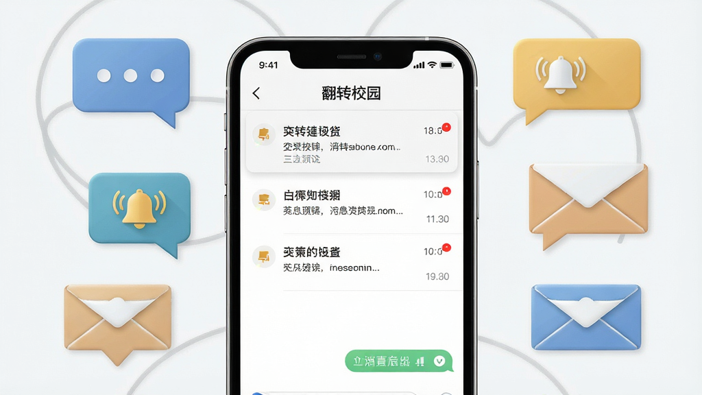 一张表现“翻转校园”消息通知与互动功能的图片,画面中央为手机屏幕显示通知列表与聊天界面,四周点缀对话气泡、铃铛、信封等图标,布局为环绕式排版,风格现代简约,细节包含未读红点与时间戳,画质干净,无多余元素。