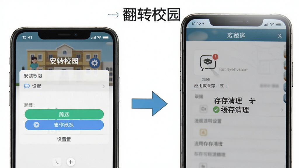一张展示“翻转校园”移动端使用技巧的示意图,画面左侧为手机安装权限设置界面,右侧为应用缓存清理页面,中间用箭头连接,布局为左右对比式排版,风格简洁教程风,细节包含高亮按钮与提示文字,画质干净,无多余元素。