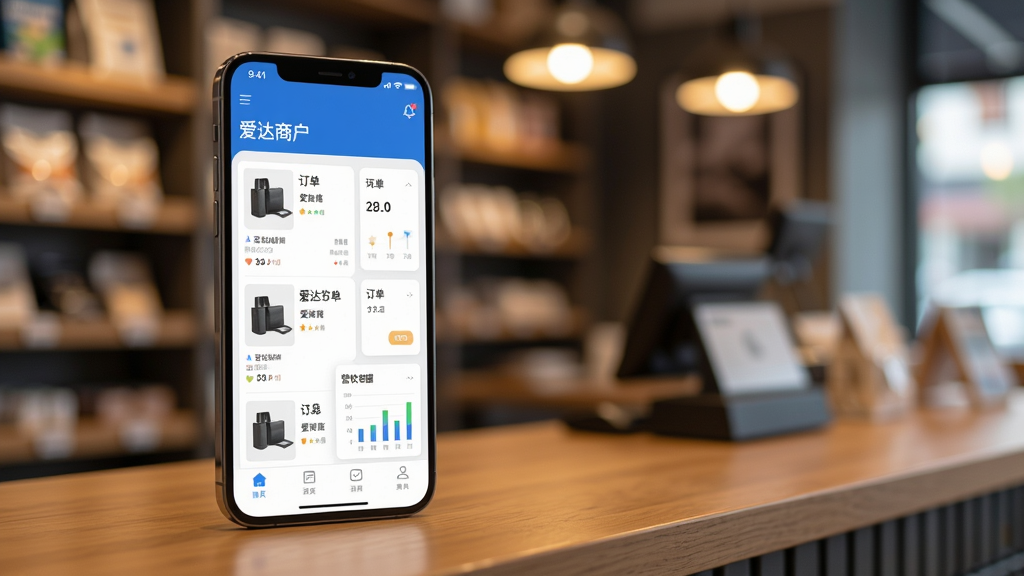 画面主体是一部智能手机,屏幕上显示“爱达商户”应用主界面,界面中有商品列表、订单卡片和营收数据图表。手机放置在木质店铺柜台上,背景虚化呈现货架与暖色灯光。布局采用竖版构图,手机居中偏左,右侧留白。风格为写实产品摄影风格,细节清晰,画面干净整洁,画质高清,无多余元素。