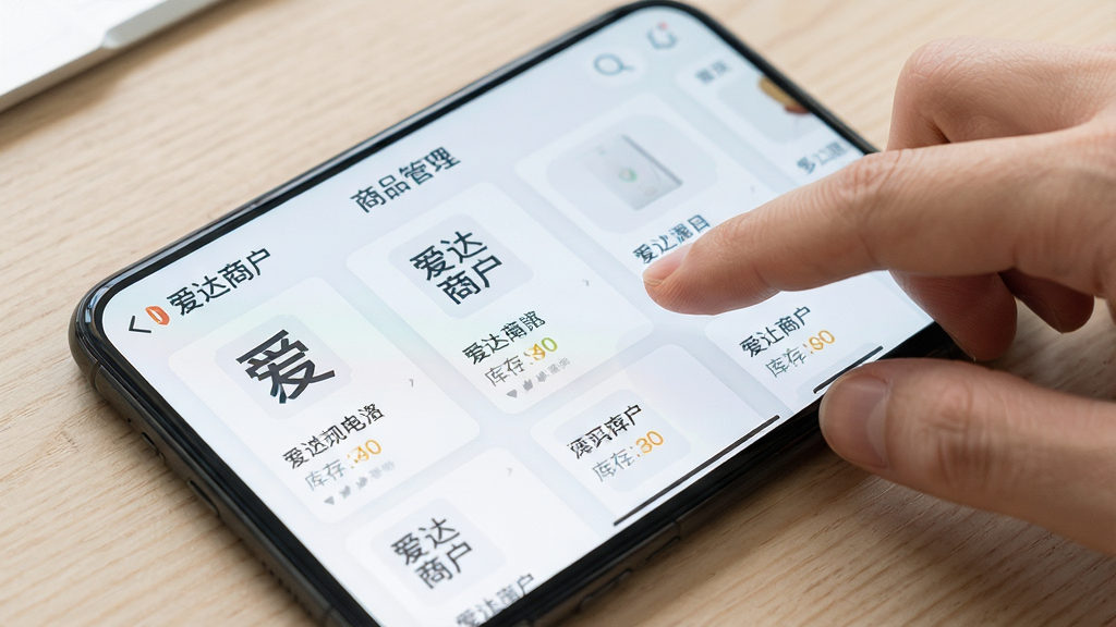 手机屏幕特写,展示“爱达商户”商品管理页面,列表中排列着多件商品卡片,每张卡片上有商品名称与库存数字,一只手正在点击屏幕。背景为浅色桌面,画面风格清新简洁,构图紧凑,细节锐利,画质高清,干净无杂乱元素。