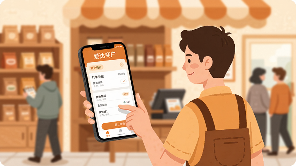 移动端使用场景插画,画面中一位店主站在店铺门口用手机操作“爱达商户”,手机屏幕显示订单处理界面,背景有货架和顾客虚影。风格为扁平化插画,配色温暖,构图均衡,细节简洁,画质高清,干净无多余元素。