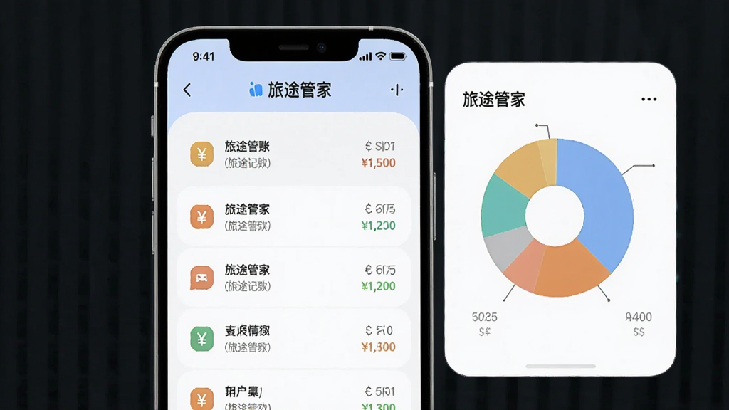 画面为“旅途管家”旅途记账界面,主体是手机屏幕内显示账单列表与饼状消费图表,布局居中,排版清晰,风格柔和圆角,细节有货币符号、分类图标与“旅途管家”字样,画质清晰,干净,无多余元素