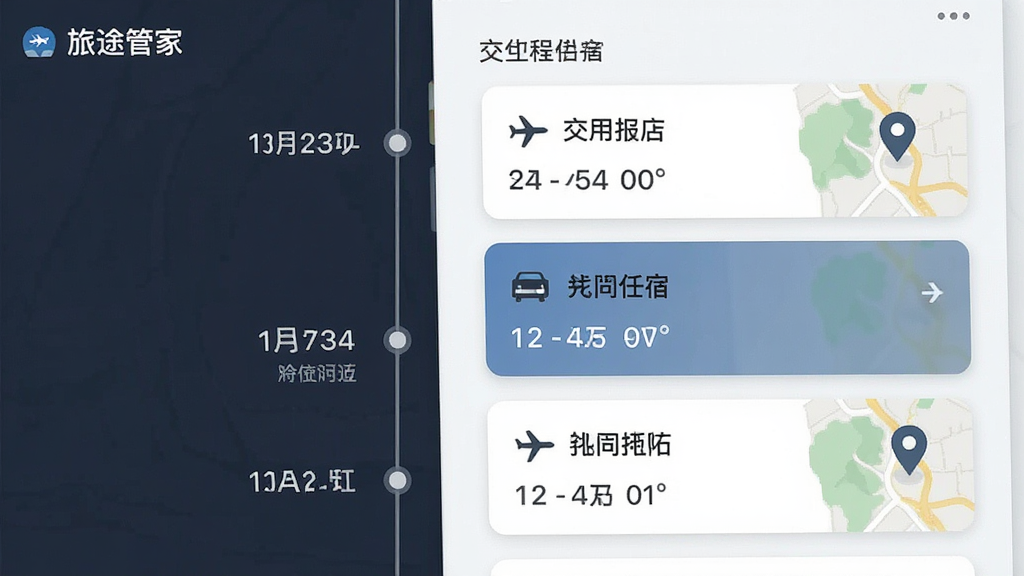 画面主体为“旅途管家”应用内的时间轴行程聚合界面,布局采用纵向时间线,排版左侧为时间节点、右侧为交通与住宿卡片,风格商务简约,细节有航班号、酒店名称、地图定位图标,画质清晰,干净,无多余元素
