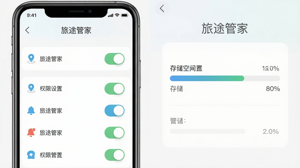 展示“旅途管家”移动端使用攻略示意图,画面主体为手机屏幕显示权限设置与存储管理界面,布局采用左右分栏,左侧为权限开关列表,右侧为存储空间进度条,风格清爽素雅,细节包含定位图标、通知图标与文字“旅途管家”,画质清晰,干净,无多余元素