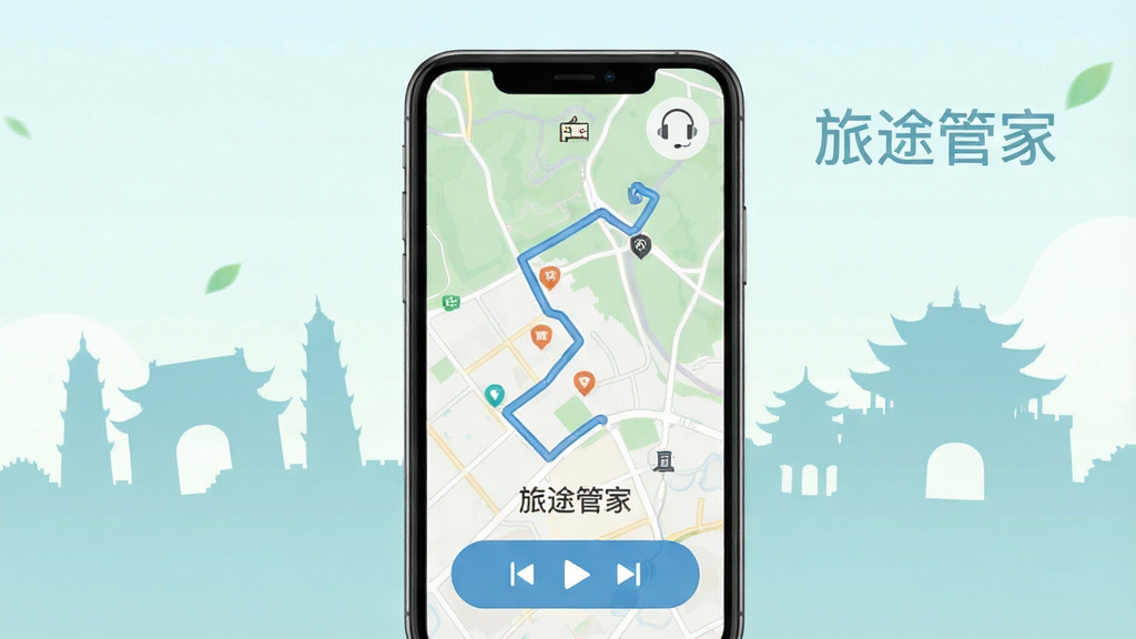 展示“旅途管家”离线地图与景点导览功能,画面主体为手机屏幕显示离线地图与语音导览播放按钮,背景为景区地标剪影,风格清新浅色,细节包含地图路径、耳机图标与文字“旅途管家”,画质清晰,干净,无多余元素
