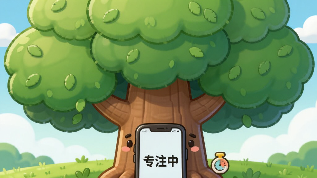 画面中央是一棵茂盛的卡通树,树干粗壮,树冠由多层绿色圆润的叶片组成,树下有一个手机屏幕显示“专注中”字样,旁边有计时器图标,背景是蓝天白云和草地,风格可爱治愈,色彩明亮,画质清晰,干净无多余元素。