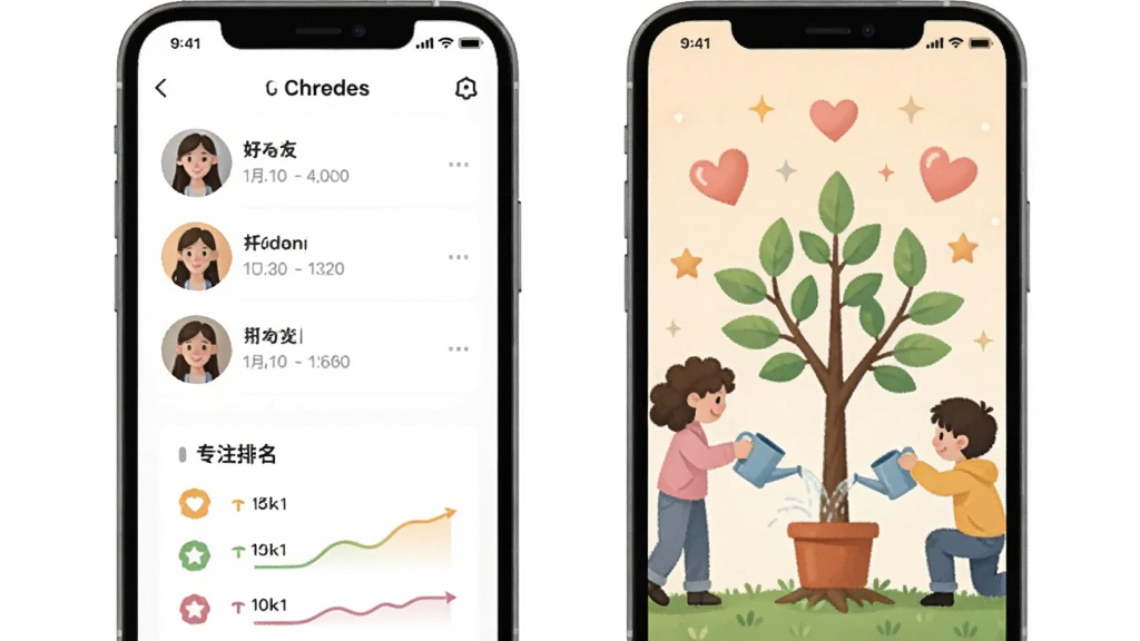 画面展示两个手机屏幕并排,左边显示好友列表和专注排名,右边显示一棵由两人共同浇灌的树,背景有爱心和星星点缀,风格温馨友好,色彩柔和,画质清晰,干净无多余元素。