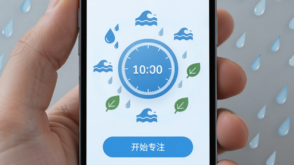 画面展示一个手机界面,界面中央有圆形计时器,周围环绕着雨滴、波浪、树叶等图标,下方有“开始专注”按钮,整体布局简洁,风格现代,浅蓝色调,细节清晰,画质干净,无多余元素。