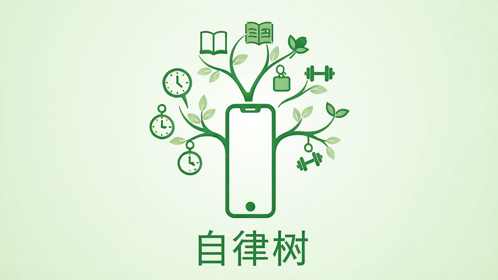 画面中央是一棵由绿色线条构成的抽象树木,树干由手机轮廓变形而成,树枝上挂着时钟、书本、哑铃等小图标,背景是柔和的浅绿色渐变,整体风格清新简约,扁平化设计,细节精致,画质清晰,干净无多余元素,图片下方有“自律树”三个字。