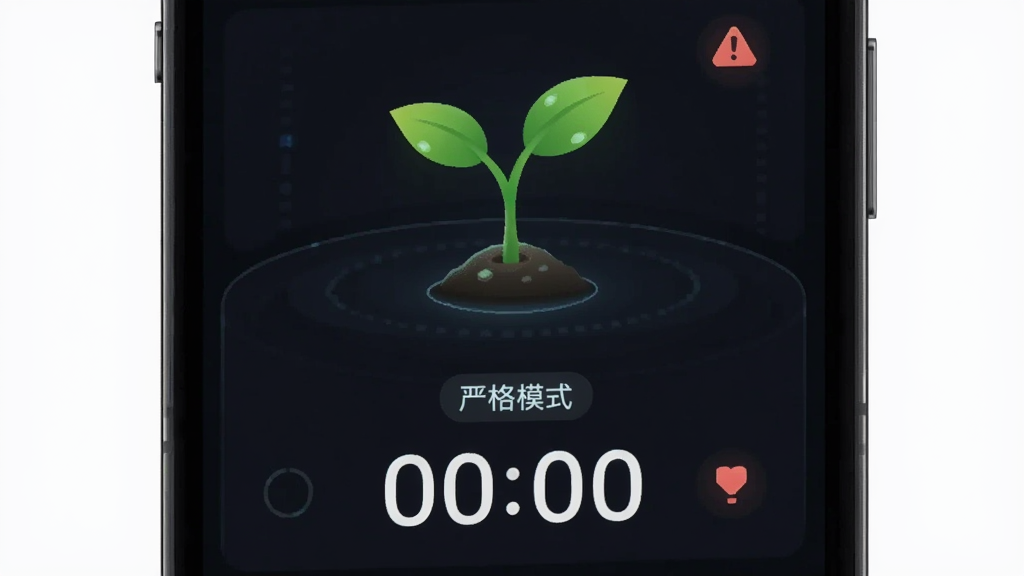 画面是一个手机屏幕截图,显示自律树的专注界面,中央有一棵正在成长的树苗,下方有倒计时,周围有“严格模式”标签和警告图标,背景为深色,风格科技感,画质清晰,干净无多余元素。