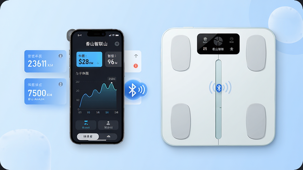 香山智联手机应用与智能体脂秤连接场景,主体为一部智能手机屏幕显示体重与体脂数据曲线,旁边放置一台白色香山智能体脂秤,布局为左右对称构图,排版简洁居中,风格为现代科技健康风,细节包括淡蓝色渐变背景、数据卡片高亮、蓝牙连接图标,画质清晰,画面干净,无多余元素