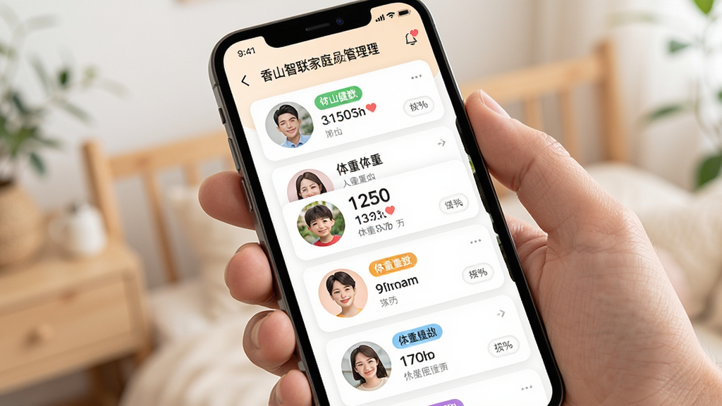 香山智联家庭成员管理界面,主体为手机屏幕展示多个用户头像卡片与各自体重数据摘要,布局为纵向列表排版,风格为温馨家庭健康风,细节包括圆形头像、彩色标签、数据小字,画质清晰,画面干净,无多余元素