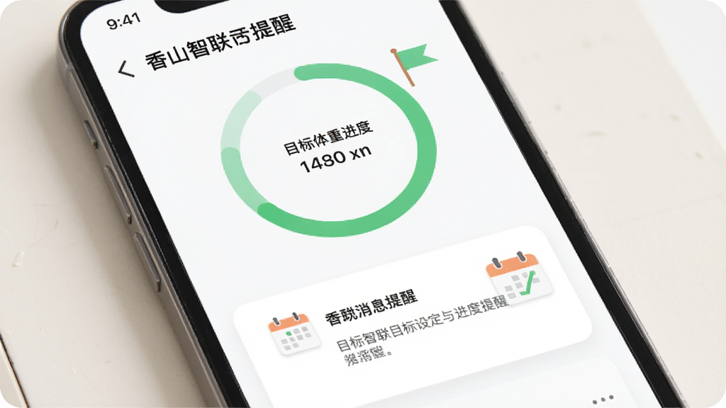 香山智联目标设定与进度提醒界面,主体为手机屏幕展示目标体重进度条与提醒消息卡片,布局为上下结构排版,上方为圆形进度环,下方为文字提醒,风格为柔和激励风,细节包括绿色进度条、小旗帜图标、日历标记,画质清晰,画面干净,无多余元素