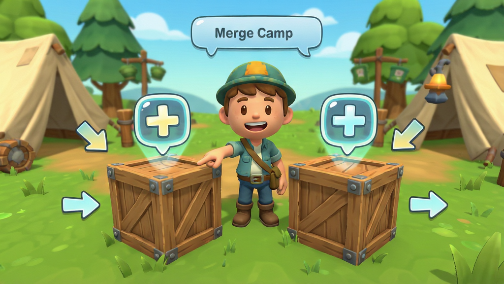һ�� Merge Camp ������������ͼ��������һλ��ͨ��ɫվ��Ӫ�����룬��ָ������ϵ�������ͬľ�䣬ľ���Ϸ��з���ĺϲ�ͼ�꣬��Χ��������ʾ���ݺͼ�ͷָ���������Ǽ���Ӫ�ػ�������������������µĿ�ͨ��񣬹�ͼ�Խ�ɫ��ľ��Ϊ�Ӿ����ģ�ϸ�ڰ�����ɫ�ı��顢ľ�������������Ĳݵأ����������ɾ��������в������κ����֣��޶���Ԫ��