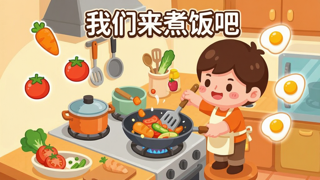 һ�ͨ����ģ������ֻ���Ϸ���棬����������һ����ܰ�ĳ�������������̨�����ߺ͸�ʽʳ�ģ�һλ�ɰ��Ŀ�ͨ��ɫ���ڷ������еĲ��ȣ���ΧƯ���ź��ܲ������ѡ�������ʳ��ͼ�꣬����ɫ����ů���������ñ�ƽ���廭���ϸ�ڷḻ�����������ɾ��������д���