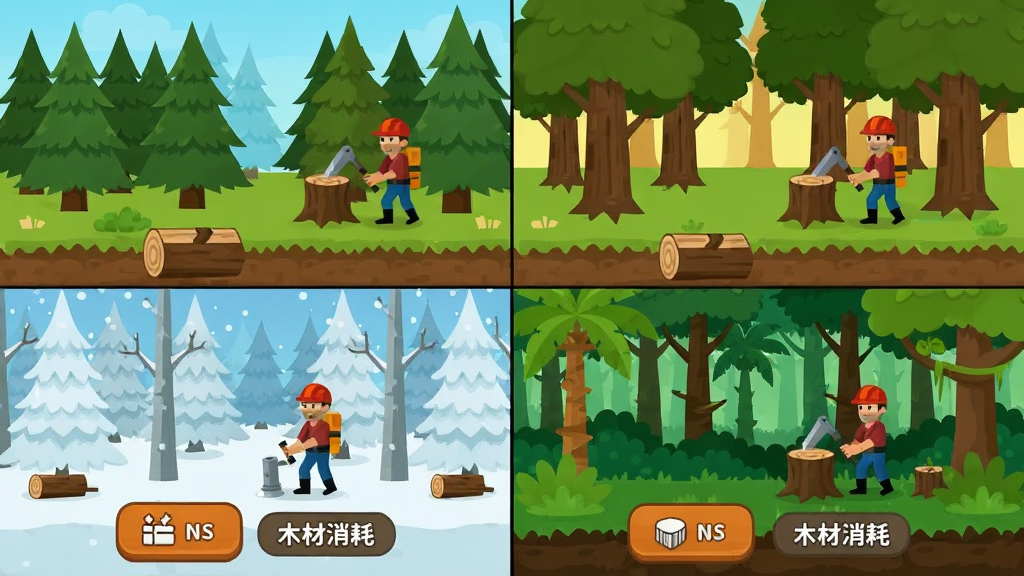 伐木工砍手游戏场景切换界面展示,画面分为四个格子,分别展示松树林、橡树林、雪地森林和热带雨林四种不同场景,每个场景中都有对应的树木和伐木工人形象,画面下方有解锁按钮和木材消耗提示,整体风格为卡通扁平化设计,色彩丰富,布局规整,画质清晰,无多余元素