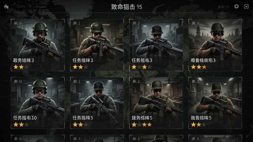 �����ѻ���Ϸ�ؿ�ѡ����棬������������ʽչʾ�������ؿ�����ͼ��ÿ������ͼ��ע�������ͺ��Ѷ��Ǽ�����������ɫ���µ�ͼ��񣬽��������������ʸɾ����޶���װ��Ԫ��