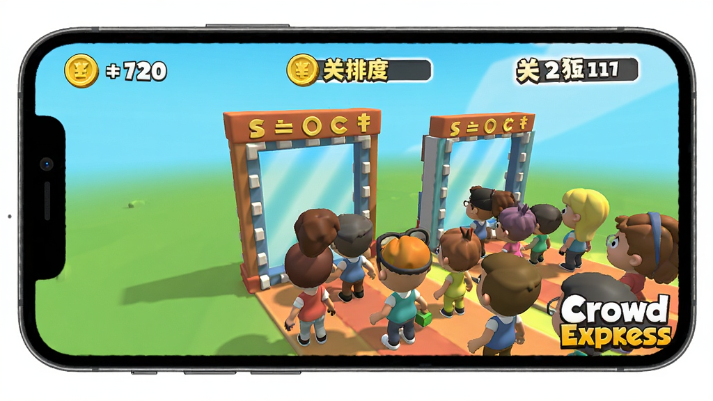 ����չʾ�ֻ���Ļ��Crowd Express��Ϸ���н��棬�������п�ͨ��Ⱥ����ͨ�������ţ���Ļ�Ϸ���ʾ�����ؿ����ȣ��������д��