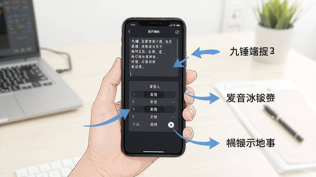 九锤配音手机端操作示意图,一只手拿着手机,屏幕上显示着文本输入和发音人选择界面,旁边有箭头标注操作步骤,背景为简洁的桌面环境,风格为教程插画,细节清晰,画质干净,无多余元素