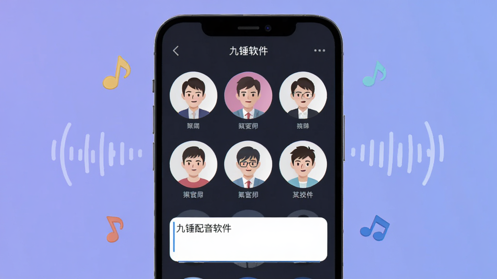 一部智能手机屏幕中显示着九锤配音软件的界面,界面上排列着多个发音人头像和文本输入框,手机周围环绕着音符和声波图标,背景是柔和的蓝紫色渐变,画面风格为扁平化科技插画,细节清晰,画质干净,无多余元素