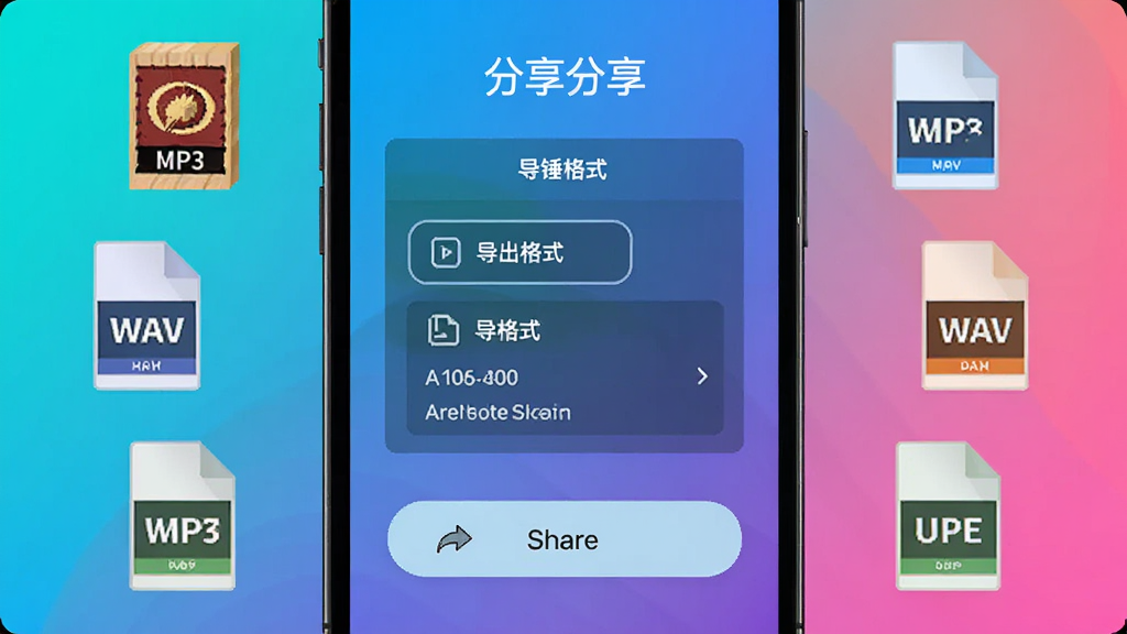 九锤配音的导出分享界面,手机屏幕上显示着导出格式选项和分享按钮,周围有MP3、WAV等格式图标,背景为明亮渐变色,风格为简洁扁平化设计,细节清晰,画质干净,无多余元素