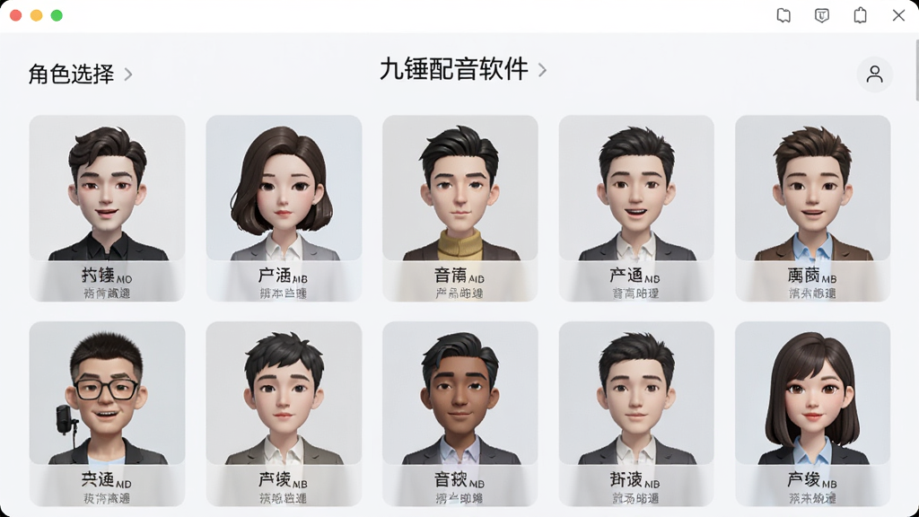 九锤配音软件的角色选择界面,屏幕上展示着多个不同风格的虚拟发音人头像,每个头像下方标注着音色特点,界面背景为浅色,排版整齐,风格为现代UI设计,细节清晰,画质干净,无多余元素