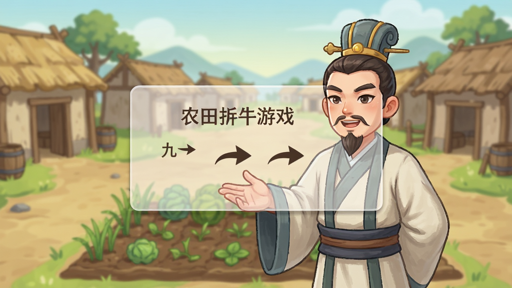 ����Ķ��Ϸ�����������棬����չʾһλ�Ŵ�ıʿģ����NPC��������ҽ���ũ������������Ǽ��ӵĴ��䳡�������������а�͸����������ʾ�����岼��Ϊ�����ֻ���Ļ���������Ϊ��ͨ���磬ϸ�ڰ���NPC����ָ��ũ���ʾ�����м�ͷָʾ������������ͣ��޶���Ԫ��