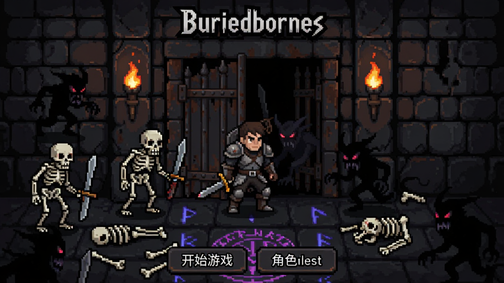 Buriedbornes���ڵ���RPG��Ϸ�����棬��������չʾһ�������ƾ����׵�ð����վ���İ�������ڣ���Χ����������սʿ�밵Ӱ���������ȼ�յĻ�������ʯ�ڣ����ֲ��������ֻ���Ļ������������ʾ��Ϸ����Buriedbornes���ײ����п�ʼ��Ϸ���ɫѡ��ť�����Ϊ���ڸ������ط磬ϸ�ڰ����⼣�߰ߵ����š�����ɢ��ĺ�����ħ�����ģ����������ɾ����޶���Ԫ��