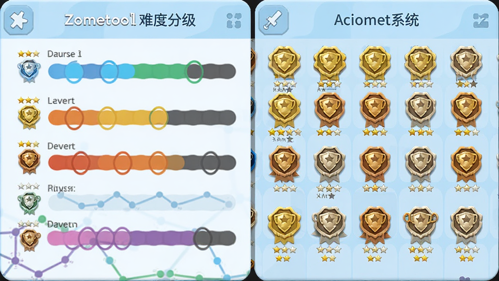 Zometool软件难度分级与成就系统界面,主体为显示不同难度等级的进度条和成就徽章墙,布局为上下结构,风格为游戏化学习风,细节包含金银铜色徽章和星级评分,画面干净明亮,高清画质