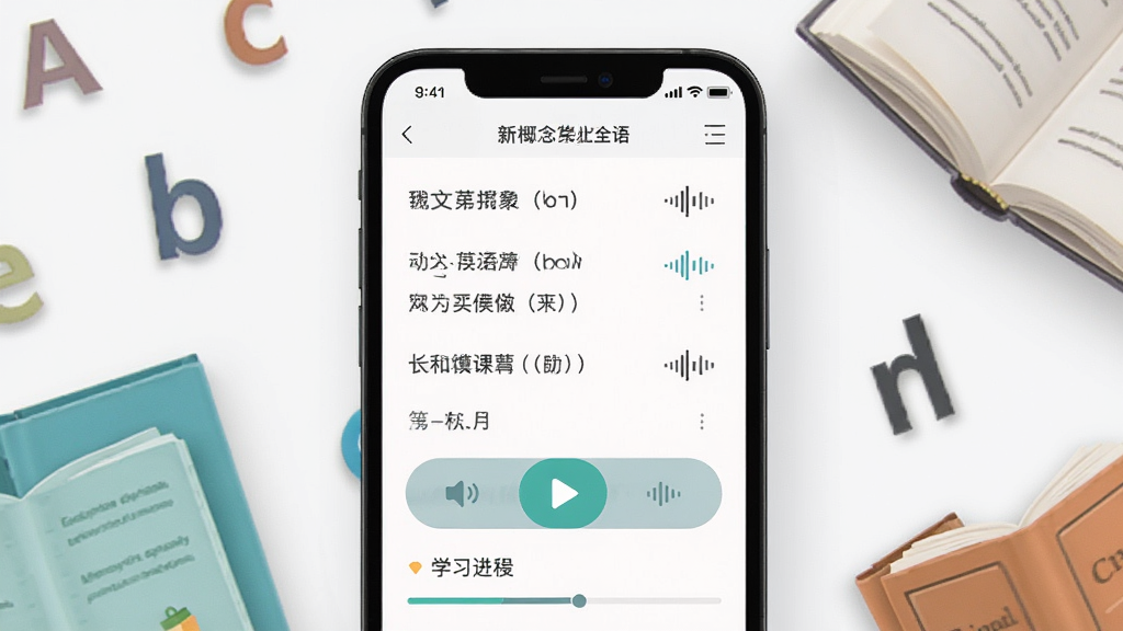 一张展示新概念全册手机应用界面的预览图,画面中央是一部智能手机,屏幕显示新概念英语第一册课文列表和播放按钮,手机周围散落着英语字母和书本元素,布局采用居中构图,风格清新简约,细节包括课文标题、音频波形图标、学习进度条,画质高清,干净,无多余元素