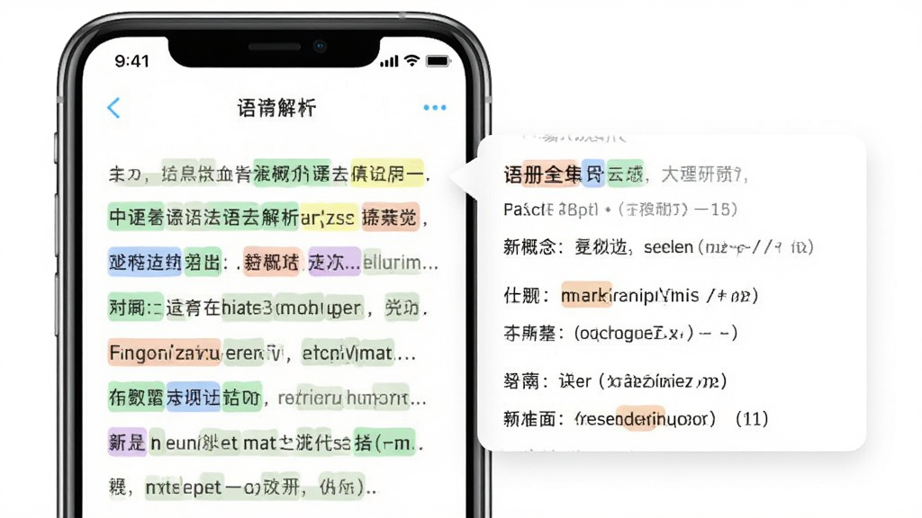 新概念全册软件语法解析界面预览图,画面展示手机屏幕内课文句子被高亮标注,旁边弹出语法说明卡片,布局为左右分栏,风格教育类应用界面,细节包括不同颜色的语法标签和例句,背景为白色,画质高清,干净,无多余元素