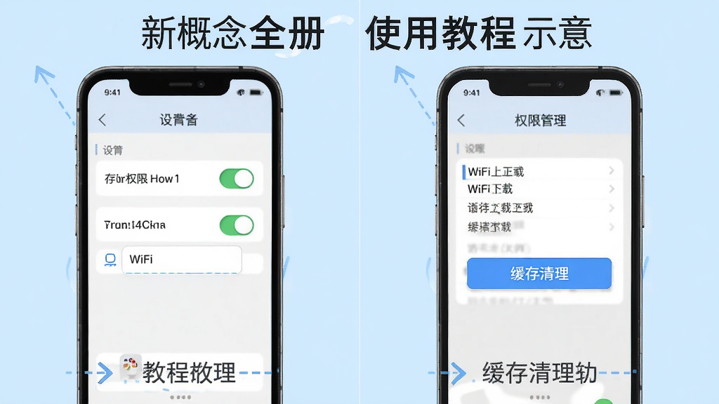 新概念全册使用教程示意图,画面展示手机屏幕内设置页面和权限管理界面,布局为左右对比,风格教程类插图,细节包括存储权限开关、WiFi下载选项和缓存清理按钮,背景为浅蓝色,画质高清,干净,无多余元素
