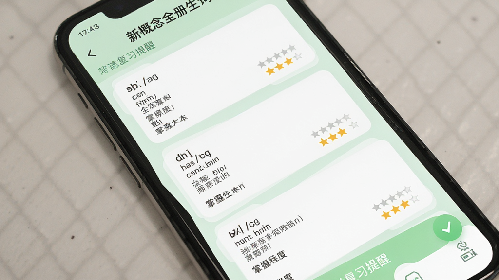 新概念全册生词本功能界面,画面展示手机屏幕内单词卡片列表和复习提醒,布局为卡片式排列,风格清新学习类应用,细节包括单词、音标、释义和掌握程度星级,背景为淡绿色,画质高清,干净,无多余元素