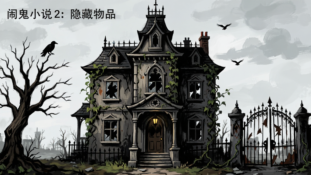 一幅暗黑哥特风格的古老宅邸外观全景,主体建筑占据画面中央,左侧有枯树与乌鸦,右侧是破旧的铁栅栏门,布局采用居中对称构图,排版上方留出天空区域,风格为手绘插画与厚涂结合,细节包括破碎的窗户、缠绕的藤蔓、昏暗的灯光,画质高清,画面干净,无多余元素,画面中悬浮文字